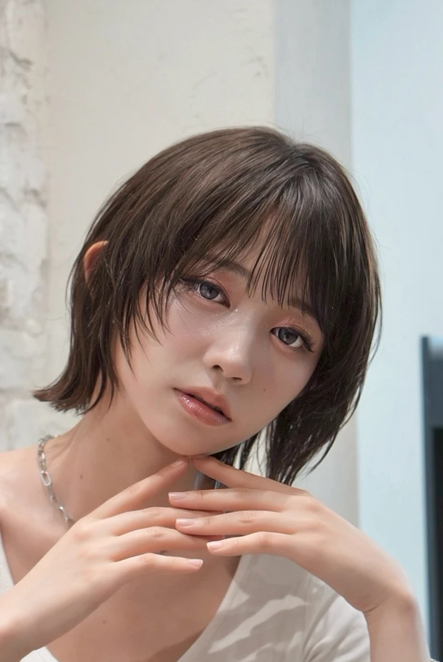 髪型　ボブ　レイヤーボブ　ハッシュカット　前髪あり　スタイリング