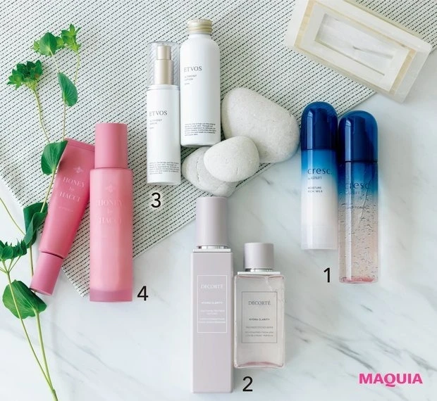 ワンツーフィニッシュのライン使い_シンプルスキンケアにおすすめのライン使いできるアイテム_クレスク_クレスク by アスタリフト ジェリーコンディショナー 120ml ¥5500/同 モイスチュア リッチミルク 55g ¥3960/富士フイルム_コスメデコルテ_イドラクラリティ 薬用 トリートメント エッセンス ウォーター(医薬部外品) 200ml ¥5500/イドラクラリティ コンディショニング トリートメント ソフナー 200ml ¥5500_ETVOS_アルティモイストローション 120ml ¥4180/アルティモイストセラム 50ml ¥5280/エトヴォス_HACCI_スキップローション 150ml ¥4950/スキップセラム(医薬部外品) 50ml ¥6600