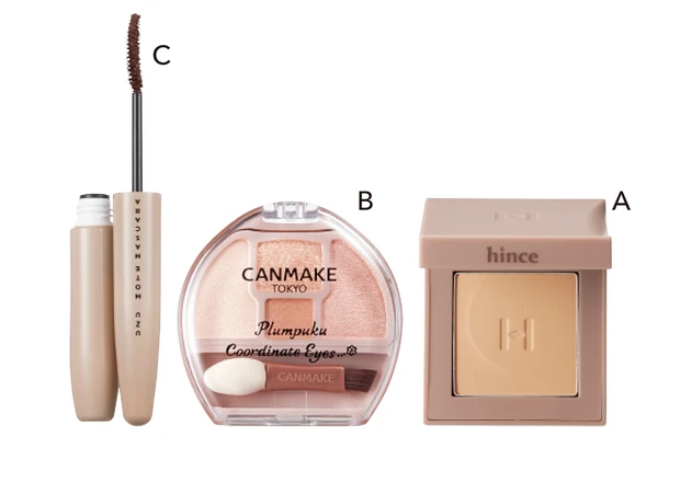 A ニューデップスアイシャドウ イン・ミッドサマー ￥2200／hince　B キャンメイク プランぷくコーデアイズ 01 ￥792／井田ラボラトリーズ　C MOTE MASCARA™ BROWN ￥1980／UZU BY FLOWFUSHI（8/28発売）