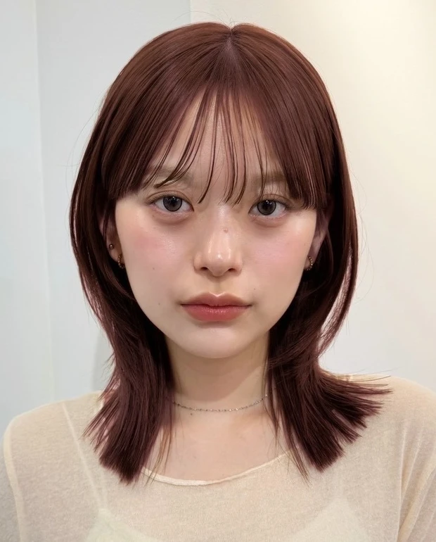 髪型 ミディアムレイヤー ミディアムヘア 小顔見え 前髪あり 正面 ハッシュカット