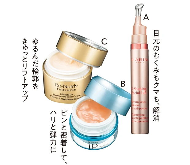 A クラランス　 グラン アイ セラム V 15ml ￥6930 B ソフィーナ iP  インターリンク セラム　 うるおって 弾むようなハリ肌へ 55g ￥4180（編集部調べ）／花王 C エスティ ローダー　 リニュートリィブ UL クリーム N 50ml ￥40040