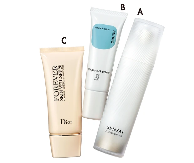 Aセンサイ エッセンスデイヴェール SPF30・PA+++ 40㎖ ¥16500/カネボウ化粧品 BUVプロテクトクリーム SPF32・PA++ 30g ¥3630/sunao Cディオールスキン フォーエヴァー スキン ヴェール SPF20・PA++ 30㎖ ¥6380/パルファン・クリスチャン・ディオール