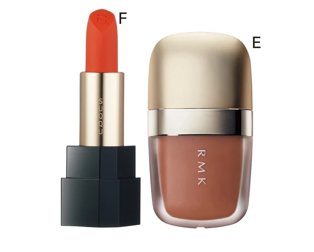 E ミューティドグロー リクイドチークス 01 ¥3850／RMK Division（4/15限定発売）　F シアー マット リップスティック 108 ¥5500（セット価格）／SUQQU（5/13限定発売）