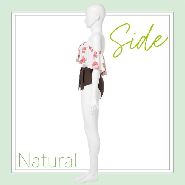 骨格ナチュラルタイプにおすすめの水着_2. 下半身に重さを出すAラインのオフショルダー_サイド