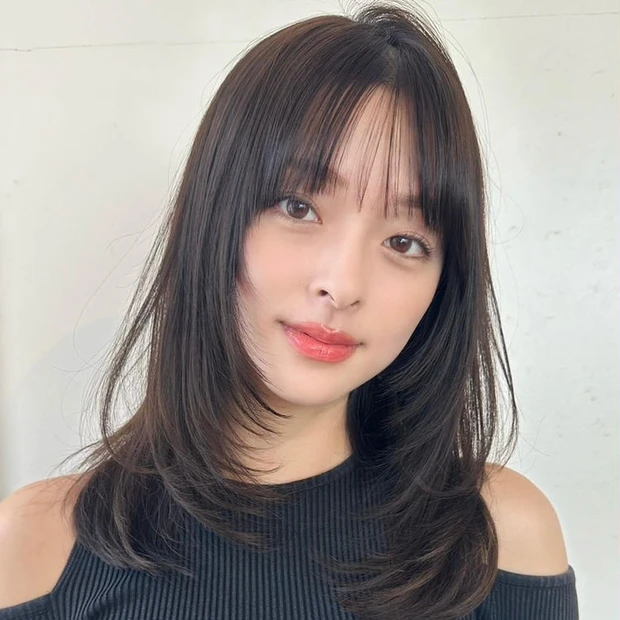 セミロング ヘア 髪型 ヘアスタイル レイヤー 大人 前髪あり 暗髪