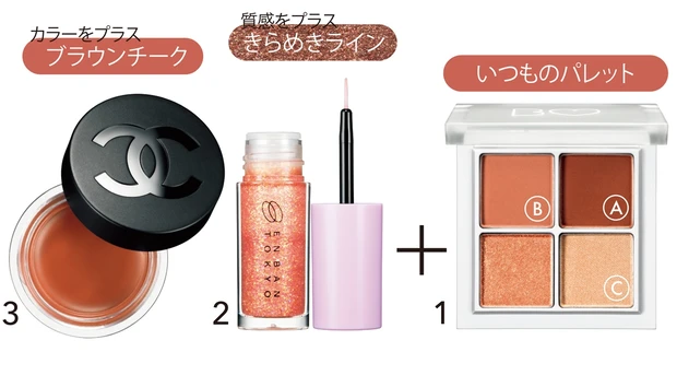 1 THE アイパレ 105 ￥1980／かならぼ（3月30日限定発売）　2 マルチプリクラペン 02 ￥1870／ENBAN TOKYO　3 リップ＆チーク ボーム N°1 ドゥ シャネル 3 ￥6050／シャネル