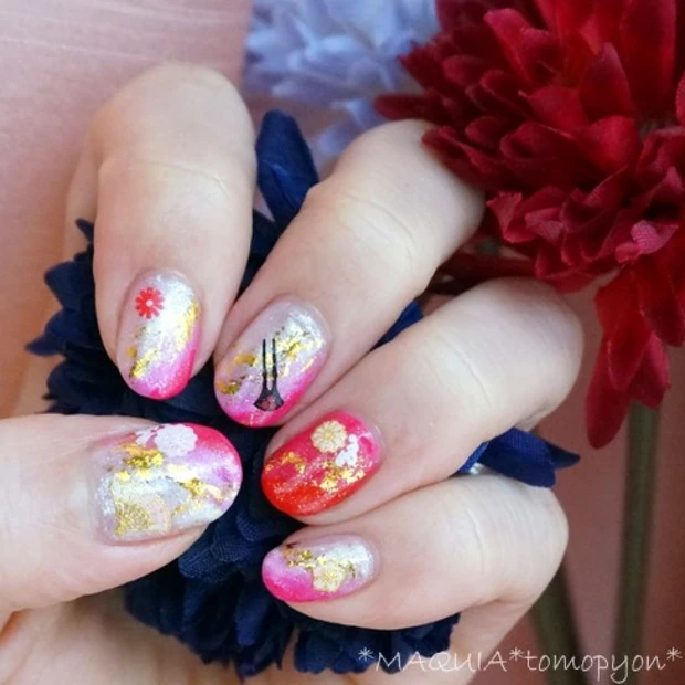 ホイルネイル＋和柄シールで、簡単和ネイル◆成人式ネイル、着物にもおススメ♪今すぐ100均へGO！