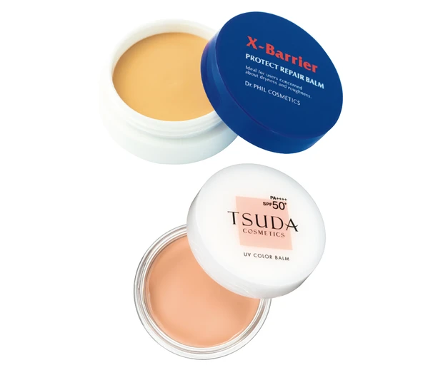 （上から）フイルナチュラント エクスバリア プロテクトリペアバーム カラータイプ SPF50+・PA++++ 20g ￥3850／ドクターフィル コスメティクス、UVカラーバーム ベージュオークル SPF50+・PA++++ 18g ￥6160／ドクター津田コスメラボ
