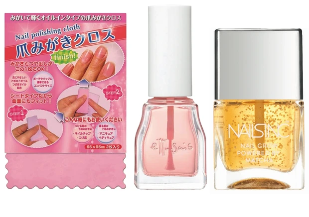 (右)爪にツヤとハリをもたらすネイルトリートメント。ネイルズ インク スーパーフードスター ネイルグロートリートメント 14mL ¥2800/ティー エー ティー (中)植物由来のオイルを配合。クイックケアコート 9mL ¥950/エテュセ (左)1枚で磨きからツヤ出しまで! 爪みがきクロス 2枚入り ¥450/光陽社