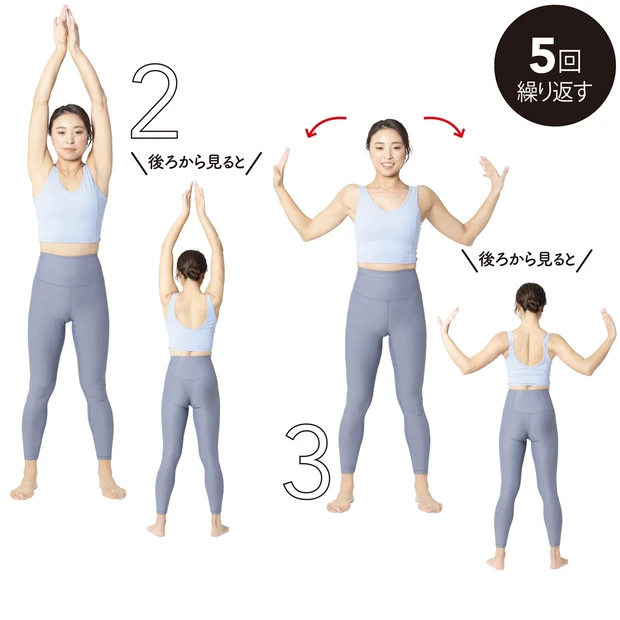 2 甲を合わせたまま腕を上げる、3 腕を下ろし肩甲骨を寄せる