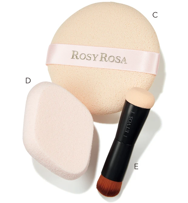 【C】マシュマロムースタッチパフ　【D】シフォンタッチスポンジN ダイヤ型　【E】デュオタッチブラシ