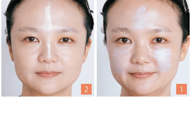 下地2回重ねで肌をとことん透けさせハイライト仕込みで顔の縦感を強調