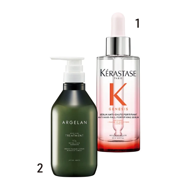 1ジェネシス セラム フォーティファイ 90ml ¥6380/ケラスターゼ 2アルジェラン モイストグロー ヘアトリートメント 480ml ¥1705/マツモトキヨシ