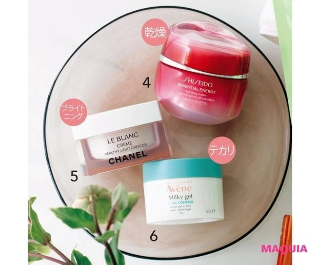 シートマスク+クリーム_シンプルスキンケアにおすすめのシートマスク、クリーム_エッセンシャル イネルジャ ハイドレーティング クリーム 50g ¥7150/SHISEIDO_ル ブラン クリーム HLCC(医薬部外品)50g ¥17600/シャネル_アベンヌ ミルキージェル オイルコントロール 50ml ¥3300(編集部調べ)/ピエール ファーブル ジャポン