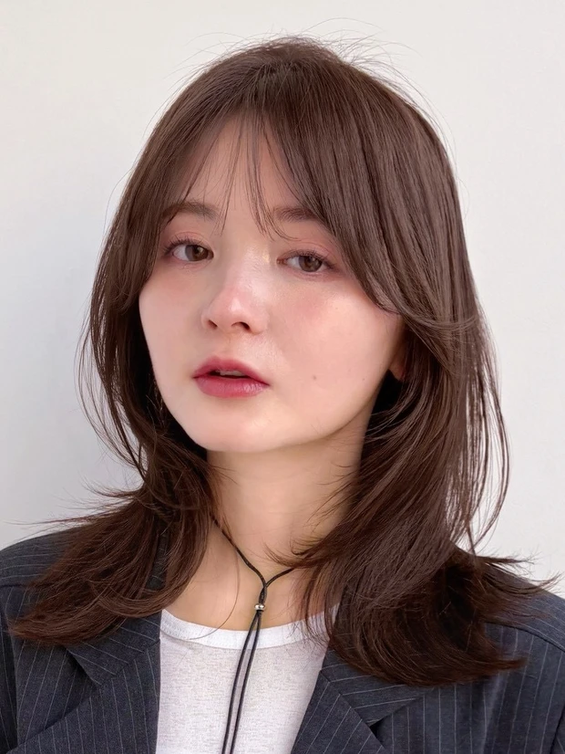 髪型　ミディアムレイヤー　ミディアムヘア　サイドバング　正面