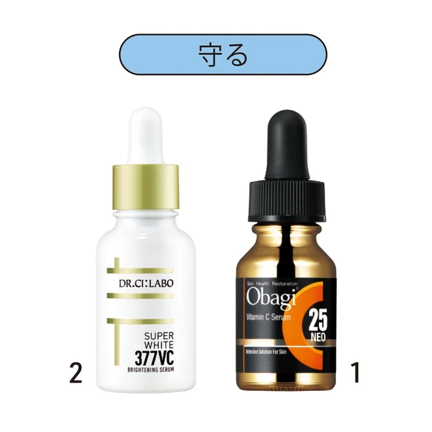 1オバジC25セラム ネオ 12ml ¥11000/ロート製薬 2スーパーホワイト377VCブライトニングセラム 30ml ¥7700/ドクターシーラボ