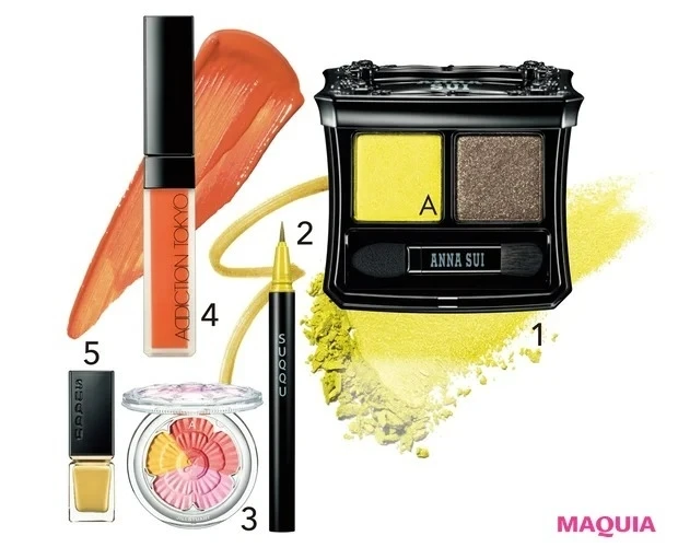 【おすすめオレンジリップ①】アディクション ザ マット リップ リキッド 019S_アナ スイ アイカラー コンパクト 13 ¥4400／アナ スイ コスメティックス_ニュアンス アイライナー 104 ¥3300／SUQQU（限定色）_ジルスチュアート ブルーム ミックスブラッシュ コンパクト　サンセットプロムナード 22 ¥4620／ジルスチュアート　ビューティ_ザ マット リップ リキッド 019S Warm Apricot ¥3520／アディクション ビューティ_ネイル カラー ポリッシュ 146 ¥2750／SUQQU（限定色）