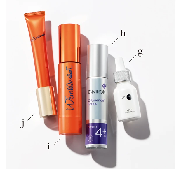 gABC-Gリペアセラム 20ml ￥8250／ドクターケイ　hエンビロン C-クエンスセラム 4プラス 35ml ￥26400／プロティア・ジャパン　iリンクルショット ジオ セラム プロティアン［医薬部外品］ 40g ¥11000、j同 メディカル セラム［医薬部外品］ 20g ￥14850／ポーラ