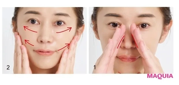 肌年齢40代の角層ケア_頬全体を引き上げるように親指とひとさし指を滑らせ、フェイスライン全体を押さえる
