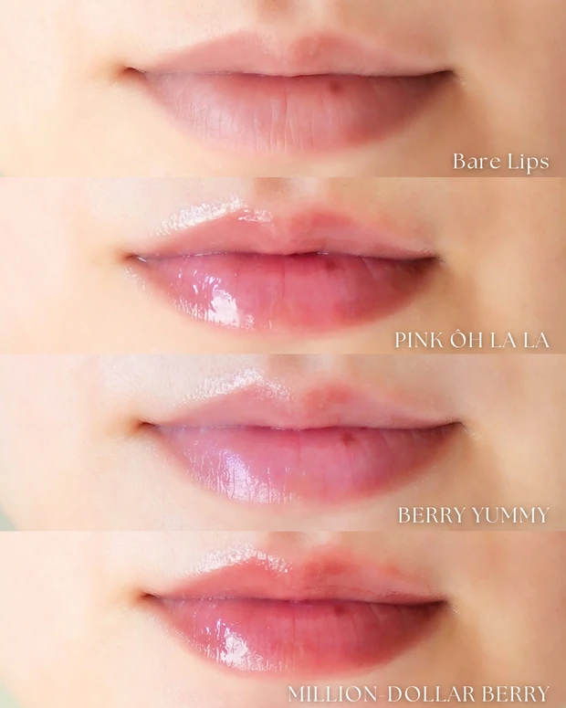 3色比較画像 LANCÔME イドル リップ ジューシー トリート3色（PINK ÔH LA LA、BERRY YUMMY、MILLION-DOLLAR BERRY）の比較写真