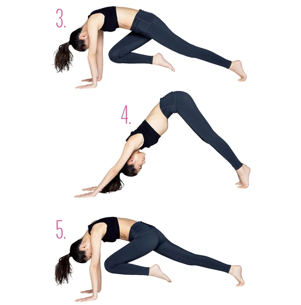 3.両腕の間を右ひざでキック／4.お腹をへこませお尻を高く上げる／5.両腕の間を左ひざでキック