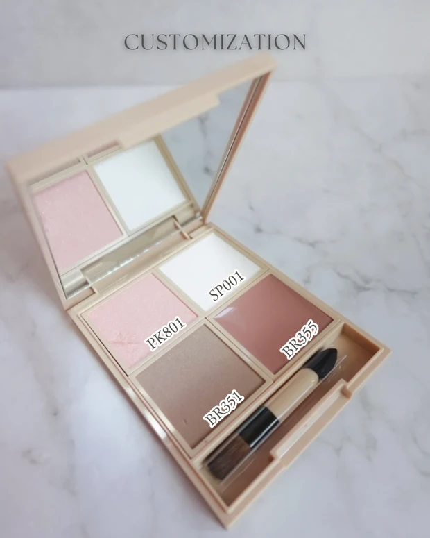 ヴィセ ザ コントゥア カラーの中からお気に入りの4色（SP001、SP002、BR351、BR355）をカスタマイズケースにセットした写真。ハイライトとシェーディングを組み合わせた持ち運び用パレット。