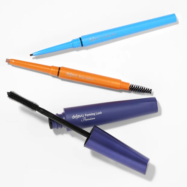 2026年3月28日開催 マキアサロン お土産　デジャヴュ　ラスティンファイン　極細クリームペンシル　ダークブラウン、ステイナチュラF　ピンクベージュ、フォルミングラッシュ プレミアム　グロウブラック