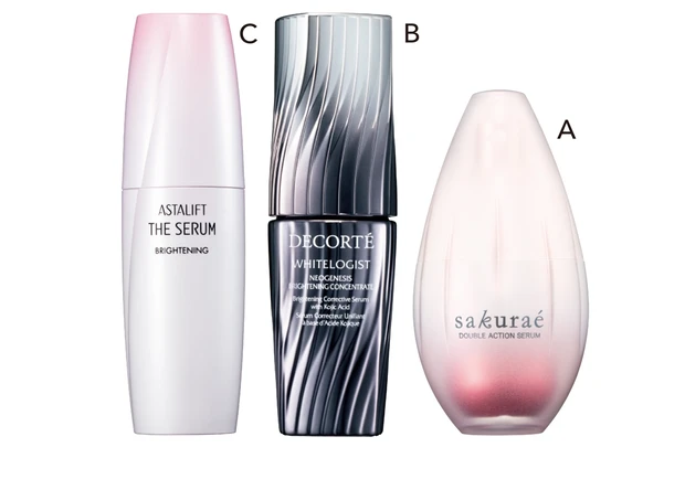 A サクラエ ダブルアクションセラム[医薬部外品] 33ml ￥13000／大塚製薬　B ホワイトロジスト ネオジェネシス ブライトニング コンセントレイト[医薬部外品] 40ml ￥16500／コスメデコルテ　C アスタリフト ザ セラム ブライトニング[医薬部外品] 40ml ￥7150／富士フイルム （3月1日発売）