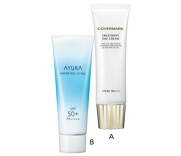 A トリートメント デイ クリーム  SPF50+･PA++++ 50ml ￥8800／カバーマーク　B ウォーターフィール UVジェルα SPF50+･PA++++ 75g ￥3080／アユーラ