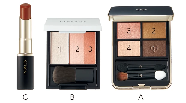 【A】オンブルクルールクアドリ 7　【B】リサージ スキンフィットチーク BE1　【C】センサイ ラスティングプランプリップスティック LP08