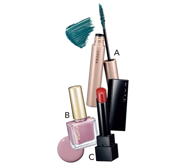 A オペラ カラーリングマスカラ 08 ￥1650／イミュ（5/25限定発売）　B エクセル　ネイルポリッシュ　N　ＮＬ３３ ￥1100／常盤薬品工業　C ケイト リップモンスター 05 ￥1540（編集部調べ）／カネボウ化粧品