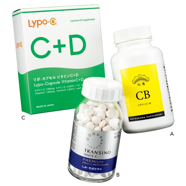 1 肌に透明感さえあれば、若々しく見える!_内から_AMATSUKURA SUPPLEMENT CB 210粒 ¥9180/松倉クリニック_Bトランシーノ ホワイトCプレミアム (第3類医薬品) 180錠 ¥3520(編集部調べ)/第一三共ヘルスケア_CLypo-C Vitamin C+D 30包 ¥8964/スピック