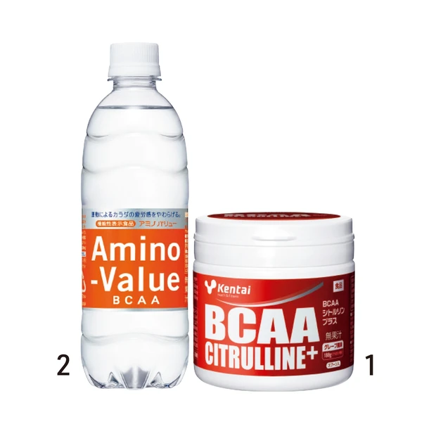 1 Kentai BCAAシトルリンプラス 188g￥8100／健康体力研究所　2 アミノバリュー4000 500ml￥188／大塚製薬