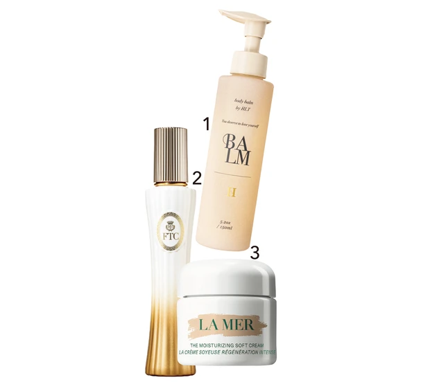 １Her lip to センシュアルリッチボディバーム 150ml ¥5500／Her lip to BEAUTY　2 FFプレステージケア セラミスト ダイヤモンドパーフェクション 120ml ¥12650／FTC　3 ザ・モイスチャライジング ソフト クリーム 60ml ¥53240／ラ・メール