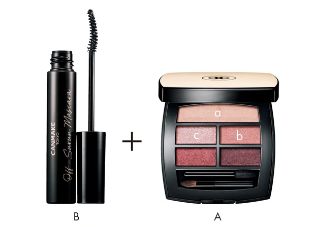 ピンクのアイパレットで作るおすすめピンクメイク5選_4.「ピンク」をミニマム塗り! すっきり美人アイのピンクメイク_Aレ ベージュ パレット ルガール クール ドゥ シャネル ¥8800/シャネル_Bキャンメイク オフするんマスカラ 01 ¥748/井田ラボラトリーズ