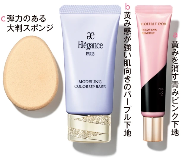 a コフレドール カラースキンプライマー UV 05 SPF15・PA+ ¥2800(編集部調べ)/カネボウ化粧品 b モデリング カラーアップ ベース LV600 SPF25・PA++ ¥4500/エレガンス コスメティックス c エスプリーク メイクアップスポンジ(マルチユース)¥600 (編集部調べ)/コーセー