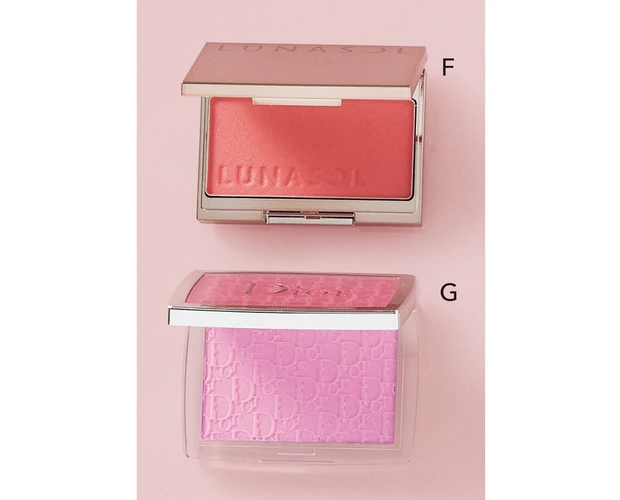 F ルナソル カラーリングシアーチークス（グロウ） 01 ￥3850（セット価格）／カネボウ化粧品　G ディオール バックステージ ロージー グロウ 001 ￥5390／パルファン・クリスチャン・ディオール