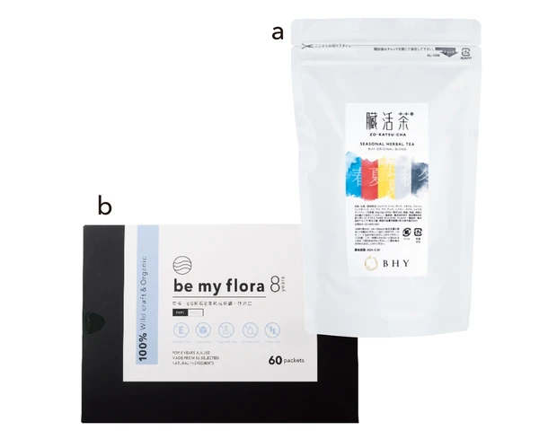 a BHY 臓活茶 1ヶ月パック 2g×30包 ¥22500／BHYSHOP　b be my flora 8年熟成酵素 10g×60包 ¥19500／REBEAUTY