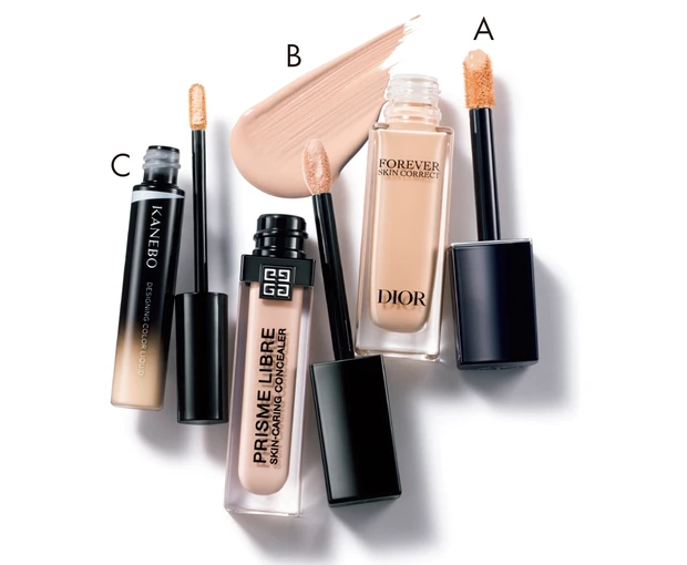 A ディオールスキン フォーエヴァー スキン コレクト コンシーラー 全10色 各￥5280／パルファン・クリスチャン・ディオール（3/17発売）　B プリズム･リーブル･スキンケアリング･コンシーラー 全8色 各￥4620／パルファム ジバンシイ　C カネボウ デザイニングカラーリクイド 全4色 SPF4〜12・PA+〜++ 各￥3300／カネボウインターナショナルDiv.