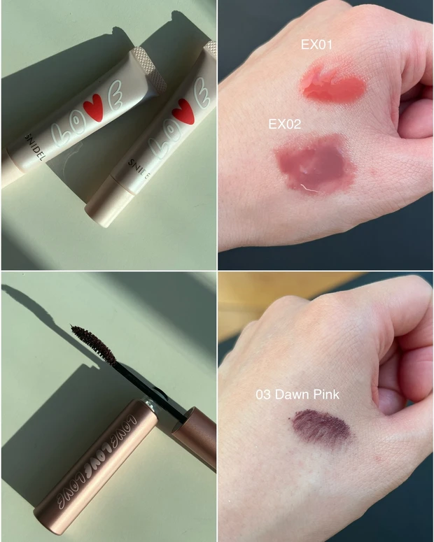 スナイデル ビューティ_バレンタインコスメ2025_SNIDEL ピュア リップ グレイズ EX01／EX02_SNIDEL カール ロック マスカラ 03_スウォッチ