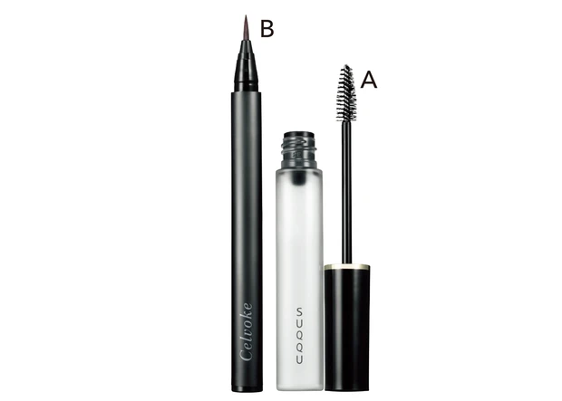A ボリューム アイブロウ マスカラ 04 ￥3300／SUQQU　B インディケイト アイブロウリキッド 01 ￥2420／セルヴォーク