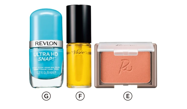 E リリミュウ ヴェールグロウチーク 05 ￥1980／コージー本舗　F ヴィセ リシェ キャンディ ステイン YE520 ￥1430（編集部調べ）／コーセー　G ウルトラ HD スナップ！ 004 ￥990／レブロン（6/9限定発売）