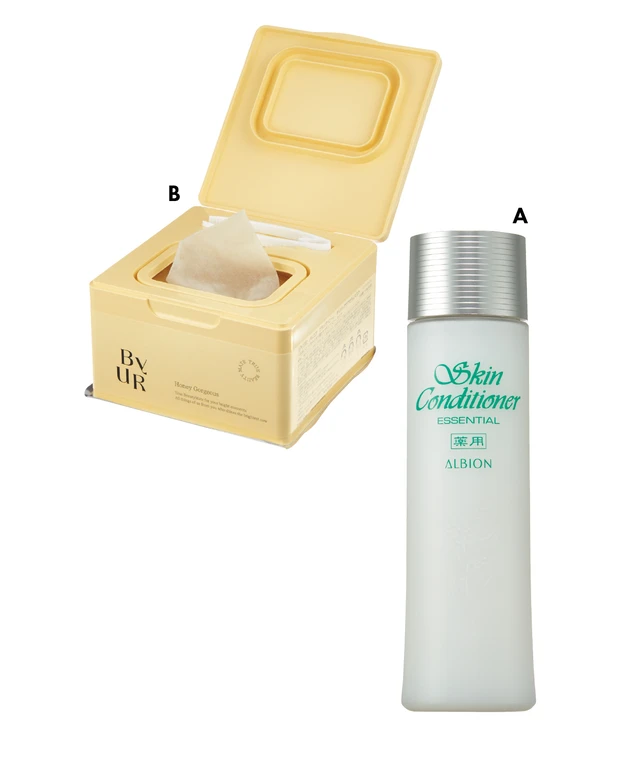 メイク前に肌をひんやりさせる_A 薬用スキンコンディショナー エッセンシャル N［医薬部外品］ 165ml ￥5500／アルビオン_B バイユア プランプハニー デイリーアクアセラムマスク 30枚入り ￥2420／Hamee