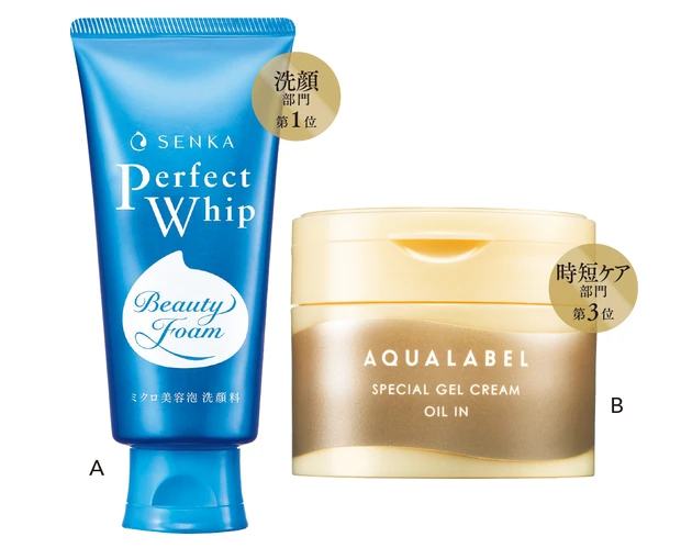 A 洗顔部門第1位　B 時短ケア部門第3位
