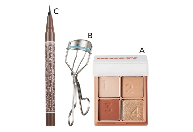 A アイムミミ マルチキューブ 03 ベイクドジンジャー ￥1870／サン・スマイル　B アイプチ® ひとえ・奥ぶたえ用カーラー ￥1650／イミュ　C キャンメイク ラスティングリキッドライナー 09 ￥990／井田ラボラトリーズ（8/31限定発売）