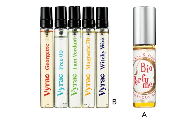 A ビオパフューム ダマスクローズ ロールオン 5ml ￥2860／ムーンソープ　B Vyrao ハイヤーファイブセット 7.5ml×5 ￥24200／PHAETON FRAGRANCE HOUSE