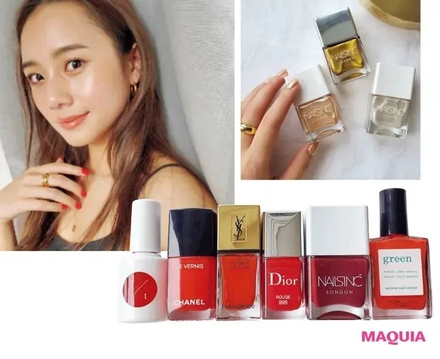 【伊原 葵さんのBeautyルームツアー】アクセ感覚でネイルチェンジ♪ 「ずっとジェルネイルでしたが、最近はマニキュアに変更。レッドの単色塗りやゴールドやパールを利かせたネイルが今の気分」