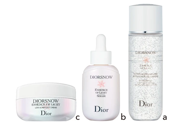 a ディオール スノー ライト エッセンス ローション （医薬部外品） 175ml ¥7590、b 同 アルティメット エッセンス オブ ライト （医薬部外品） 30ml ¥17600、c 同 アルティメット リフレクション クリーム （医薬部外品） 50ml ¥14300／パルファン･クリスチャン･ディオール