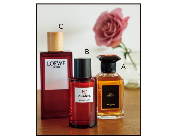 A ラール エ ラ マティエール キュイル ベルーガ 100ml ￥46200／ゲラン　B ロー ルージュ N°1 ドゥ シャネル 100ml ￥13200／シャネル　C LOEWE Earth （オードゥ パルファム） 50ml ￥13800／ロエベ パルファム