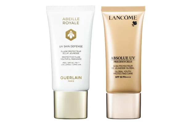 （右から）アプソリュ プレシャスセル UV SPF50・PA＋＋＋＋ 30ml ￥14300／ランコム、アベイユ ロイヤル UV スキン ディフェンス N SPF50・PA＋＋＋＋ 50ml ￥11880／ゲラン
